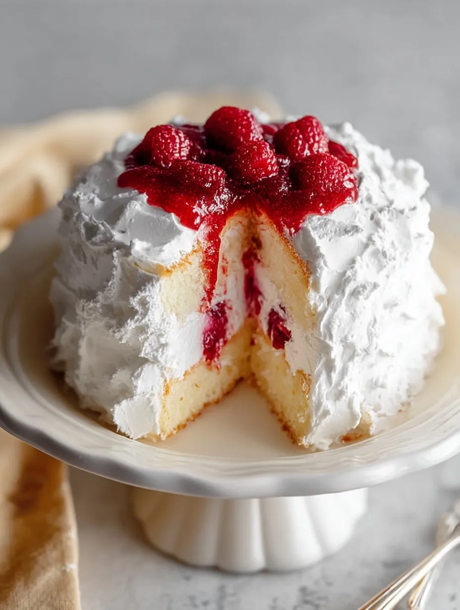 Homemade Raspberry and Cream Angel Food Cake