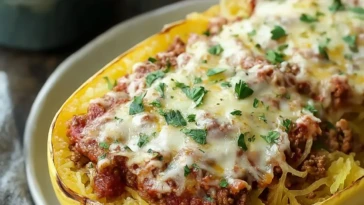 Cheesy Garlic and Herb Spaghetti Squash with Meat Sauce
